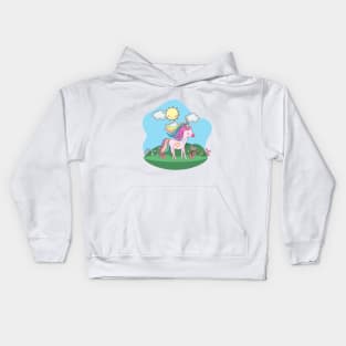 Cute Little Unicorn With Heart Standing In a Field On a Sunny Day Kids Hoodie